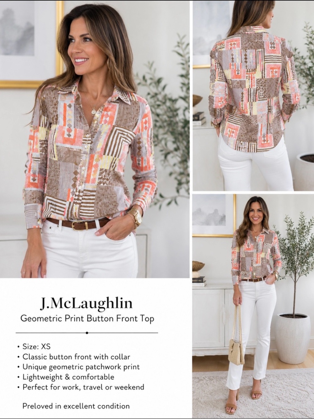 J.McLaughlin Crinkle Cloth Geometric Print Button Front Shirt XS